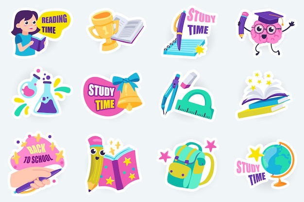 Education cute stickers set in flat cartoon design bundle of pupil with book winning cup study