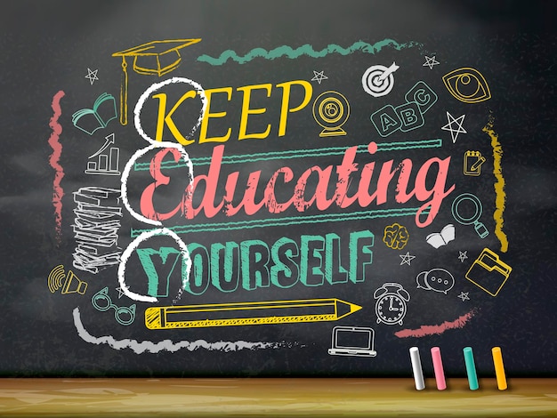 Education flat design, keep educating yourself written on chalkboard