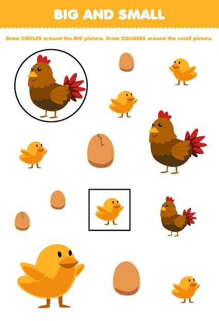 Education game for children arrange by size big or small by drawing circle and square of cute cartoon chicken hen chick egg printable farm worksheet