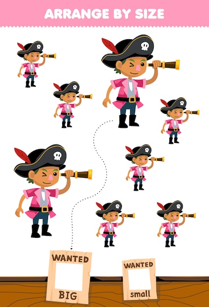 Education game for children arrange by size big or small picture of cute cartoon boy carrying spyglass character printable pirate worksheet