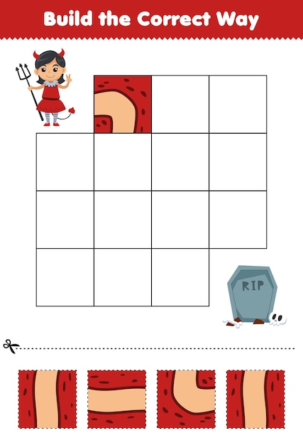 Education game for children build the correct way help cute cartoon devil girl costume move to tombstone halloween printable worksheet