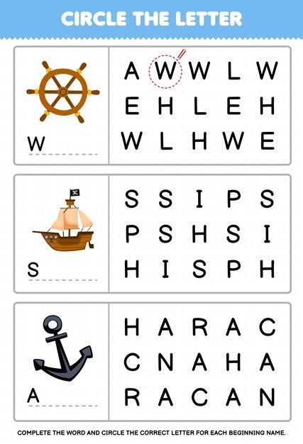 Education game for children circle the beginning letter from cute cartoon wheel ship and anchor printable pirate worksheet