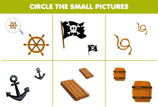 Vector education game for children circle the small picture of cute cartoon wheel flag rope anchor wooden barrel printable pirate worksheet