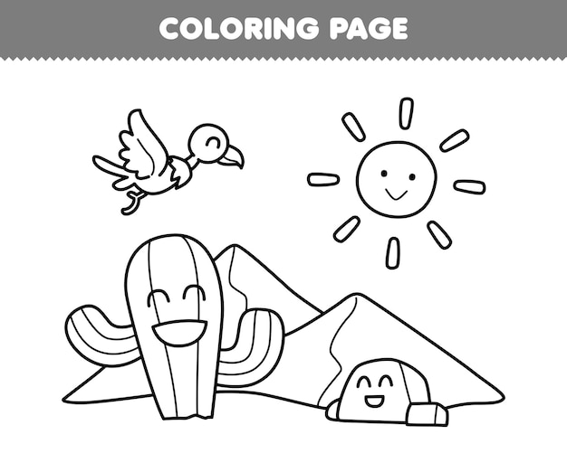 Vector education game for children coloring page of cute cartoon cactus rock and vulture in the desert line art printable nature worksheet