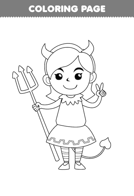 Education game for children coloring page of cute cartoon devil girl costume line art halloween printable worksheet