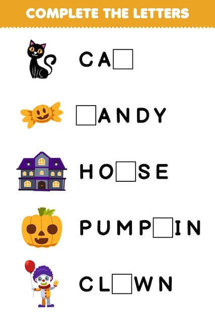 Education game for children complete the letters from cute cartoon cat candy house pumpkin clown halloween printable worksheet