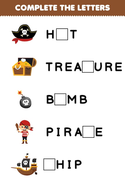 Education game for children complete the letters from cute cartoon hat treasure bomb pirate ship halloween printable worksheet