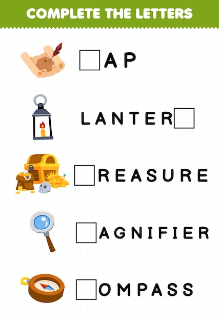 Education game for children complete the letters from cute cartoon map lantern treasure magnifier compass printable pirate worksheet