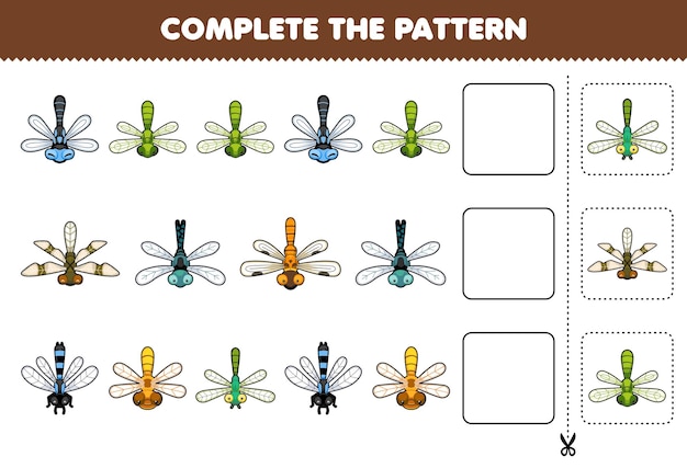 Education game for children complete the pattern of cute cartoon dragonfly printable bug worksheet