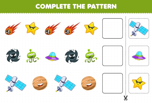 Education game for children complete the pattern logical thinking find the regularity and continue the row task with cute cartoon solar system comet star black hole alien ufo satellite planet