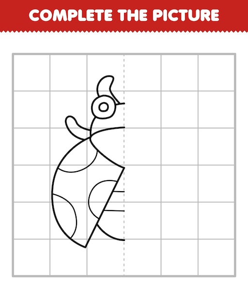 Education game for children complete the picture of cute cartoon ladybug half outline for drawing printable bug worksheet