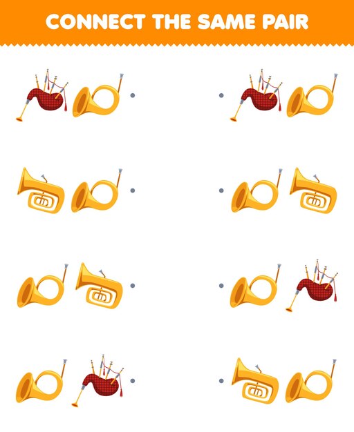 Education game for children connect the same picture of cute cartoon bagpipes tuba and horn pair printable music instrument worksheet