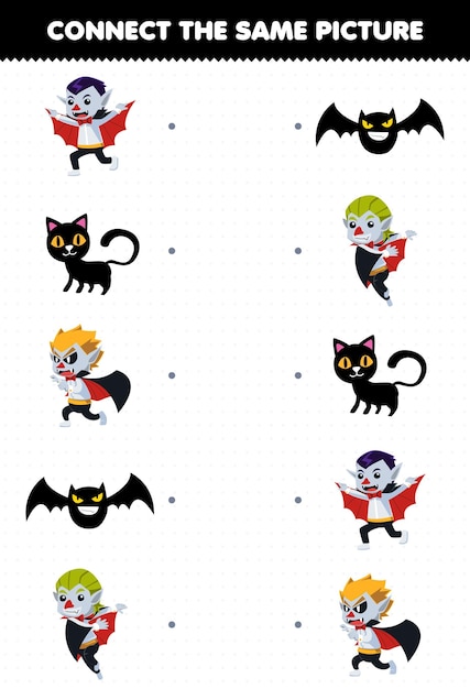 Education game for children connect the same picture of cute cartoon dracula black cat bat halloween printable worksheet