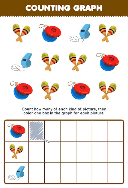 Education game for children count how many cute cartoon castanet maracas whistle then color the box in the graph printable music instrument worksheet