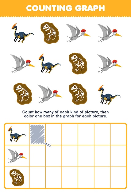 Education game for children count how many cute cartoon dinosaur and fossil then color the box in the graph printable prehistoric dinosaur worksheet