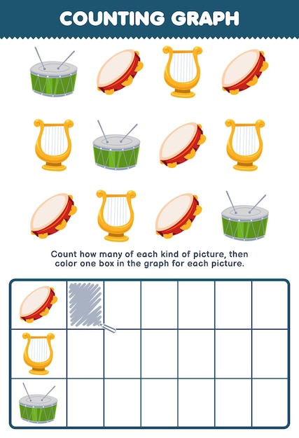 Education game for children count how many cute cartoon drum tambourine lyre then color the box in the graph printable music instrument worksheet