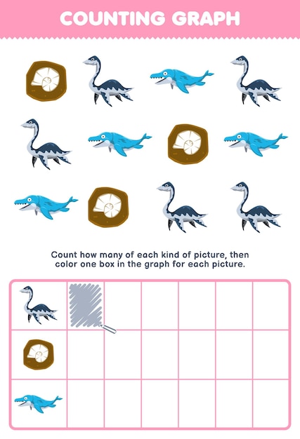 Education game for children count how many cute cartoon plesiosaurus mosasaurus fossil then color the box in the graph printable prehistoric dinosaur worksheet