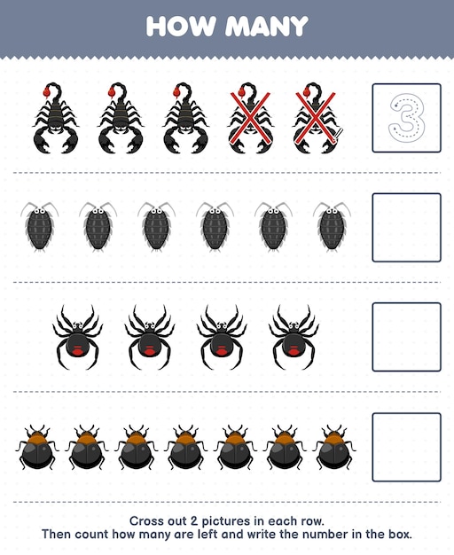 Education game for children count how many cute cartoon scorpion louse spider beetle and write the number in the box printable bug worksheet