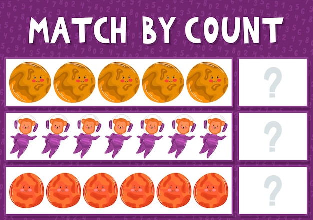 Education game for children count and match count the number of cute cartoon solar system comet uranus saturn planet and match with the right numbers printable worksheet Planets astronaut