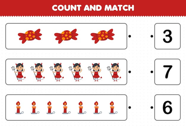 Education game for children count the number of cute cartoon candy candles devil girl costume and match with the right numbers halloween printable worksheet