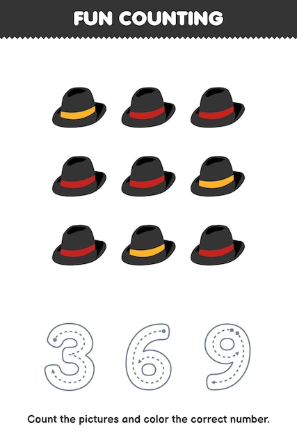 Education game for children count the pictures and color the correct number from cartoon black fedora hat printable wearable clothes worksheet