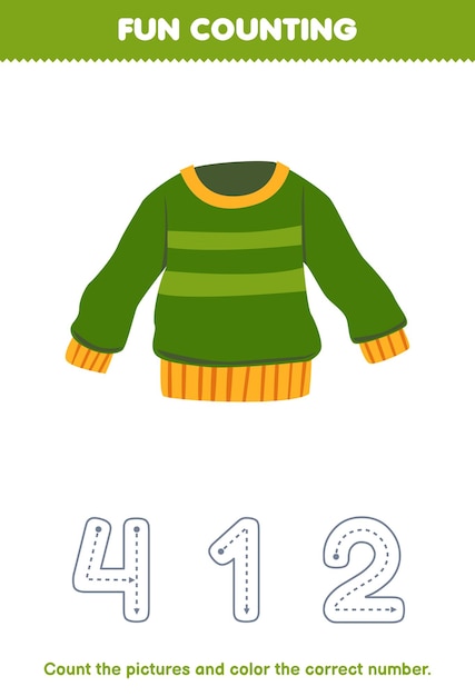 Education game for children count the pictures and color the correct number from cartoon green sweater printable wearable clothes worksheet