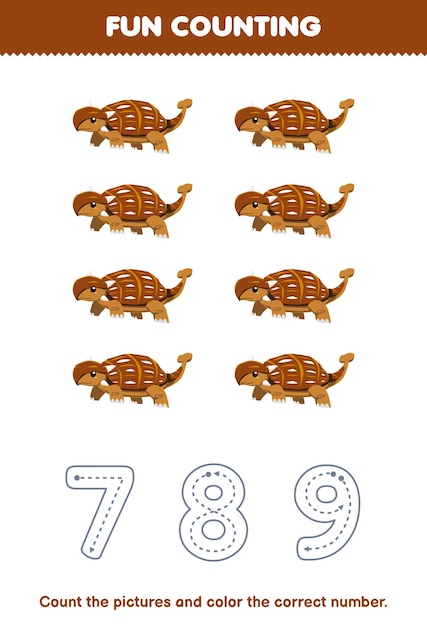 Education game for children count the pictures and color the correct number from cute cartoon ankylosaurus printable prehistoric dinosaur worksheet