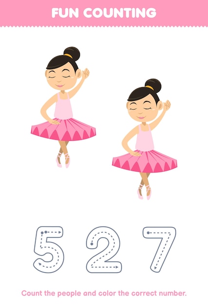 Education game for children count the pictures and color the correct number from cute cartoon ballerina printable profession worksheet