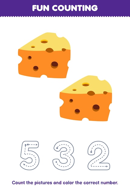 Education game for children count the pictures and color the correct number from cute cartoon cheese printable food worksheet