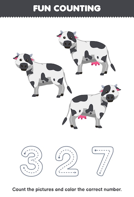 Education game for children count the pictures and color the correct number from cute cartoon cow printable farm worksheet