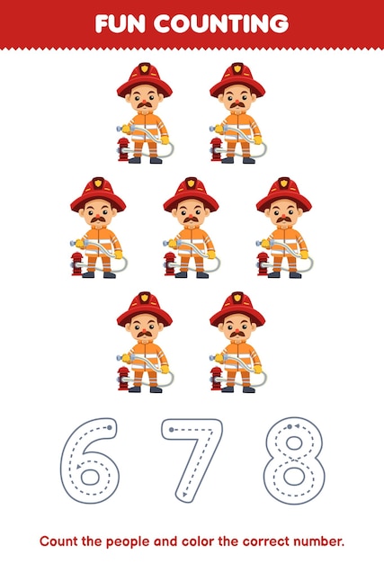 Education game for children count the pictures and color the correct number from cute cartoon firefighter printable profession worksheet