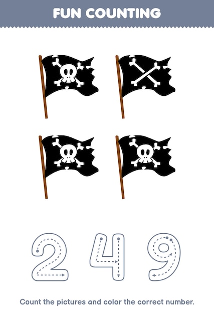 Education game for children count the pictures and color the correct number from cute cartoon flag printable pirate worksheet