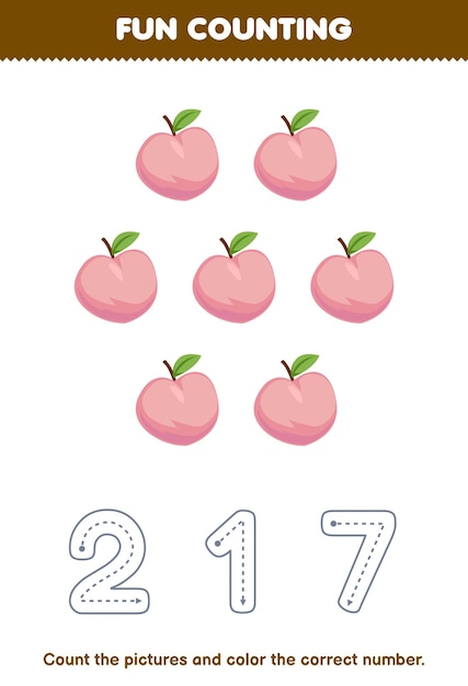 Education game for children count the pictures and color the correct number from cute cartoon peach printable fruit worksheet