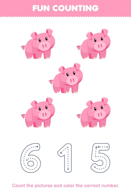 Education game for children count the pictures and color the correct number from cute cartoon pink pig printable animal worksheet