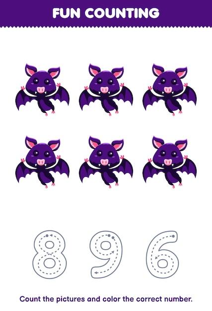 Education game for children count the pictures and color the correct number from cute cartoon purple bat printable animal worksheet