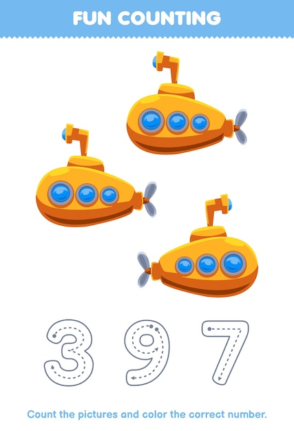 Education game for children count the pictures and color the correct number from cute cartoon submarine printable transportation worksheet