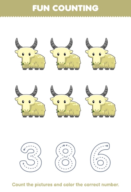 Education game for children count the pictures and color the correct number from cute cartoon white goat printable animal worksheet