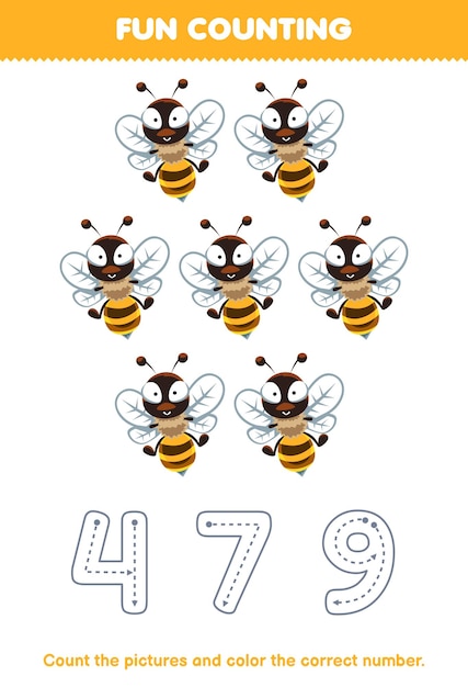 Education game for children count the pictures and color the correct number from cute cartoon yellow bee printable animal worksheet