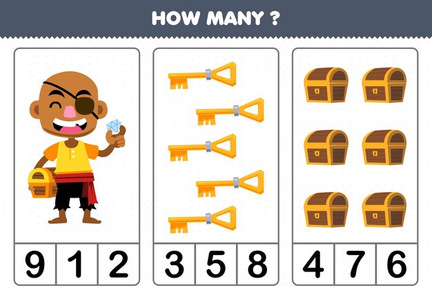 Education game for children counting how many cute cartoon bald man key and chest printable pirate worksheet