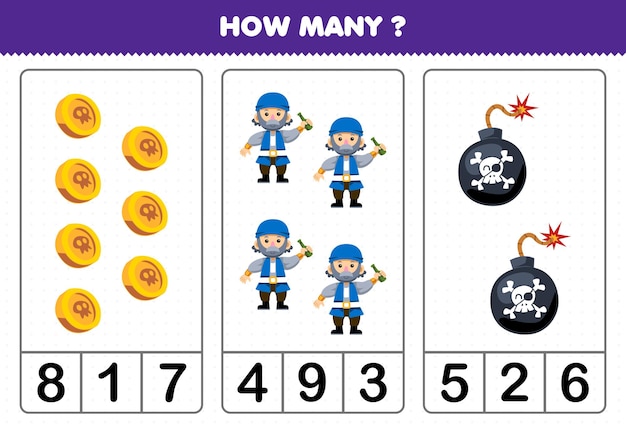 Education game for children counting how many cute cartoon coin old man and bomb printable pirate worksheet