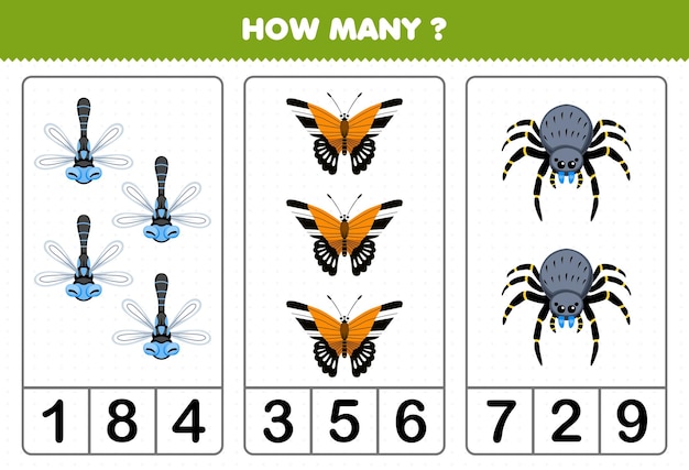 Education game for children counting how many cute cartoon dragonfly butterfly spider printable bug worksheet