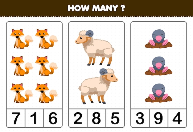 Education game for children counting how many cute cartoon fox sheep mole printable farm worksheet