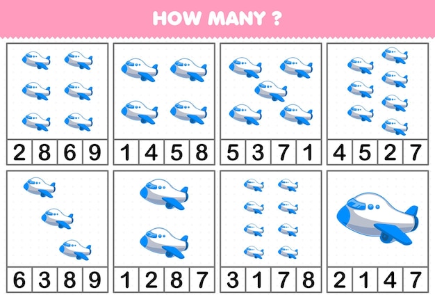 Education game for children counting how many objects in each table of cartoon plane air transportation vehicle printable worksheet