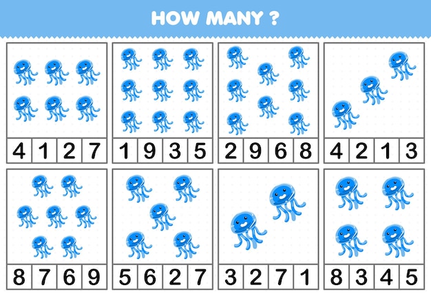 Education game for children counting how many objects in each table of cute cartoon jellyfish animal printable worksheet