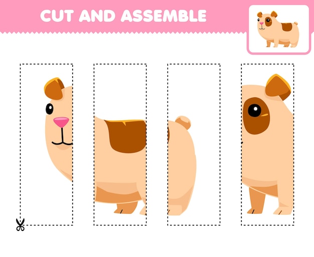 Education game for children cut and assemble puzzle cute guinea pig picture printable pet worksheet