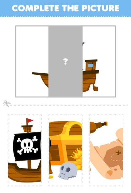 Vector education game for children cut and complete the correct picture of cute cartoon pirate ship printable pirate worksheet