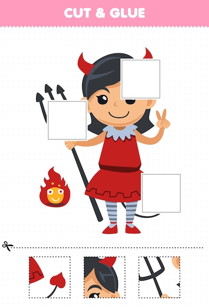 Education game for children cut and glue cut parts of cute cartoon devil girl costume and glue them halloween printable worksheet