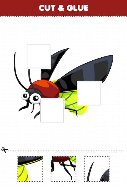 Education game for children cut and glue cut parts of cute cartoon firefly and glue them printable bug worksheet