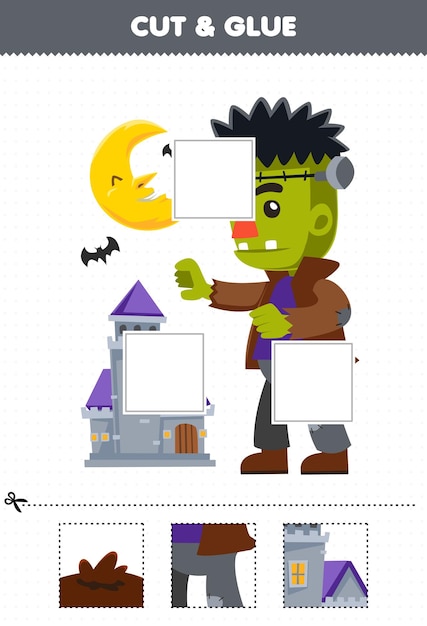 Education game for children cut and glue cut parts of cute cartoon frankenstein costume and glue them halloween printable worksheet