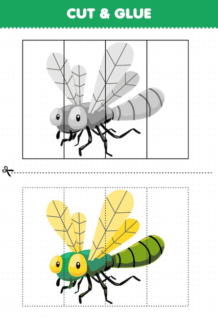 Education game for children cut and glue with cute cartoon dragonfly printable bug worksheet